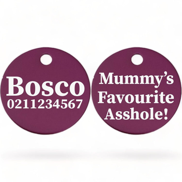 ⭐️Purr. Meow. Woof.⭐️ - Mummy's/Daddy's Favorite Asshole | Round Aluminium | Dog ID Pet Tag - Purple / Mum