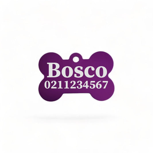 ⭐️Purr. Meow. Woof.⭐️ - Name & Number Front | Bone Aluminium | Dog ID Pet Tag - Purple