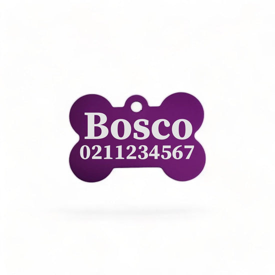 ⭐️Purr. Meow. Woof.⭐️ - Name & Number Front | Bone Aluminium | Dog ID Pet Tag - Purple