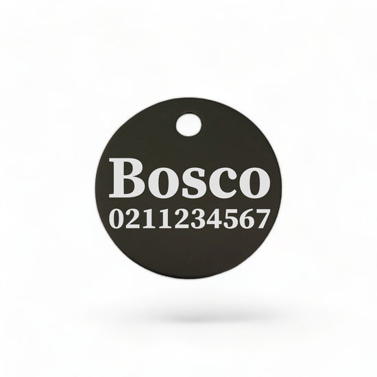 ⭐️Purr. Meow. Woof.⭐️ - Name & Number Front | Round Aluminium | Cat, Kitten & Dog ID Pet Tag - Black / Dog (Large)