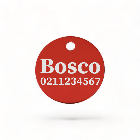 ⭐️Purr. Meow. Woof.⭐️ - Name & Number Front | Round Aluminium | Cat, Kitten & Dog ID Pet Tag - Firebrick / Dog (Large)