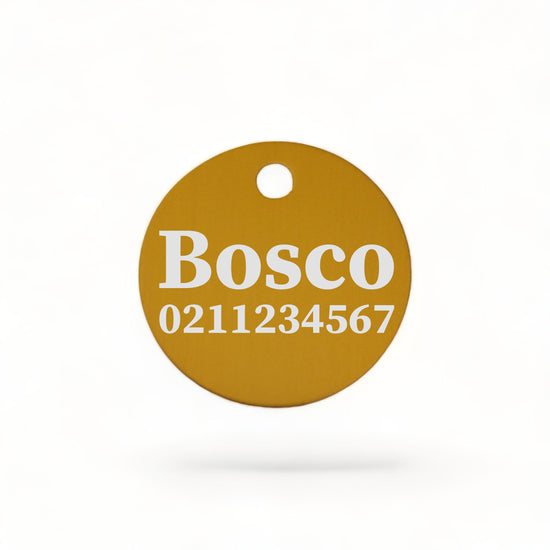⭐️Purr. Meow. Woof.⭐️ - Name & Number Front | Round Aluminium | Cat, Kitten & Dog ID Pet Tag - Gold / Dog (Large)