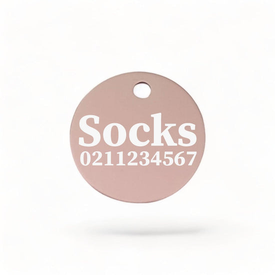 ⭐️Purr. Meow. Woof.⭐️ - Name & Number Front | Round Aluminium | Cat, Kitten & Dog ID Pet Tag - LightPink / Cat (Small)