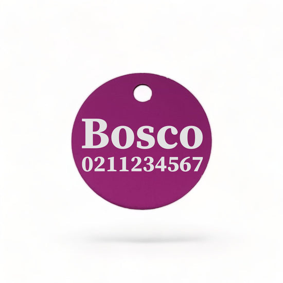⭐️Purr. Meow. Woof.⭐️ - Name & Number Front | Round Aluminium | Cat, Kitten & Dog ID Pet Tag - Purple / Dog (Large)