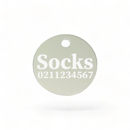 ⭐️Purr. Meow. Woof.⭐️ - Name & Number Front | Round Aluminium | Cat, Kitten & Dog ID Pet Tag - Silver / Cat (Small)