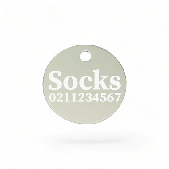 ⭐️Purr. Meow. Woof.⭐️ - Name & Number Front | Round Aluminium | Cat, Kitten & Dog ID Pet Tag - Silver / Cat (Small)