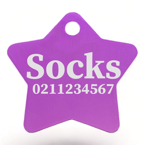 ⭐️Purr. Meow. Woof.⭐️ - Name & Number Front | Star Aluminum | Cat, Kitten & Dog ID Pet Tag - Purple / Small (Cat)