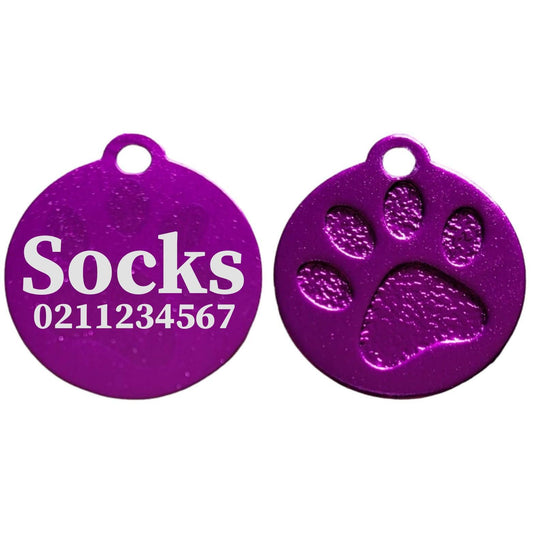 ⭐️Purr. Meow. Woof.⭐️ - Name & Number Front Round | Paw Print Aluminium | Cat, Kitten & Dog ID Pet Tag - Purple / Small (Cat)