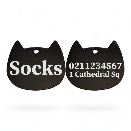⭐️Purr. Meow. Woof.⭐️ - Name Front & 1 Number Address Back Bat Cat | Mirror Stainless | Cat ID Pet Tag - Black