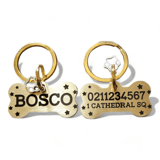 ⭐️Purr. Meow. Woof.⭐️ - Name Front & 1 Number Address Back Bespoke Brass Bone Dog ID Pet Tag - Default Title