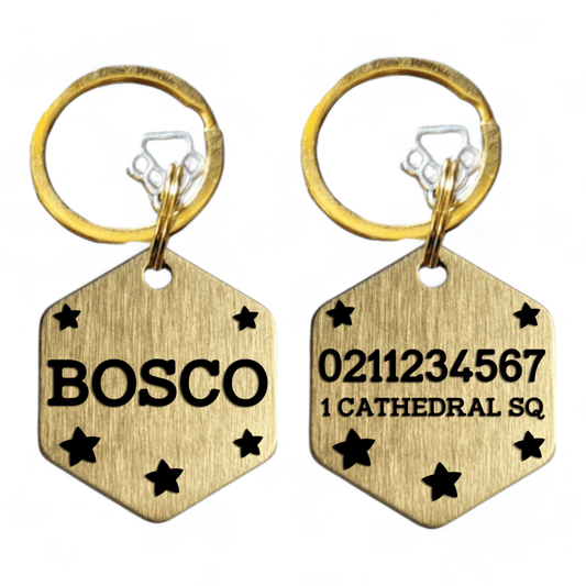 ⭐️Purr. Meow. Woof.⭐️ - Name Front & 1 Number Address Back Bespoke Brass Hexagon Cat & Dog ID Pet Tag - Large (Dog)