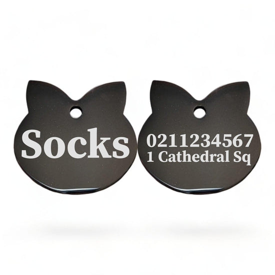 ⭐️Purr. Meow. Woof.⭐️ - Name Front & 1 Number Address Back Cat Ears | Mirror Stainless | Cat ID Pet Tag - Black
