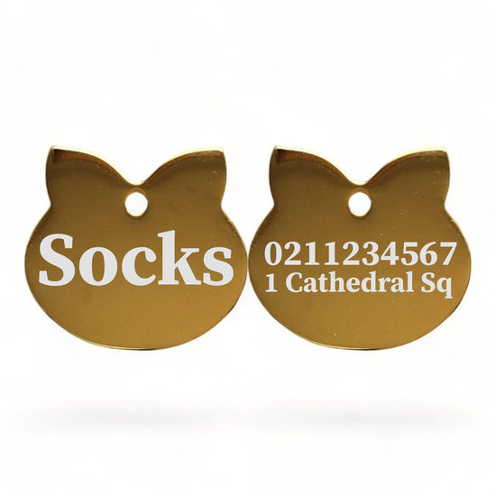 ⭐️Purr. Meow. Woof.⭐️ - Name Front & 1 Number Address Back Cat Ears | Mirror Stainless | Cat ID Pet Tag - Gold