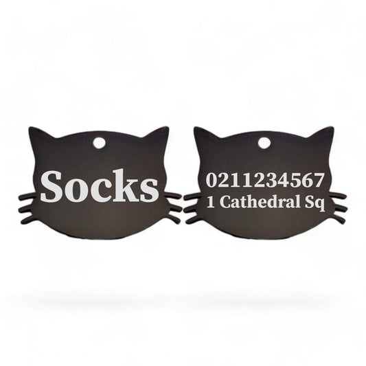 ⭐️Purr. Meow. Woof.⭐️ - Name Front & 1 Number Address Back Cat Whiskers | Mirror Stainless | Cat ID Pet Tag - Black