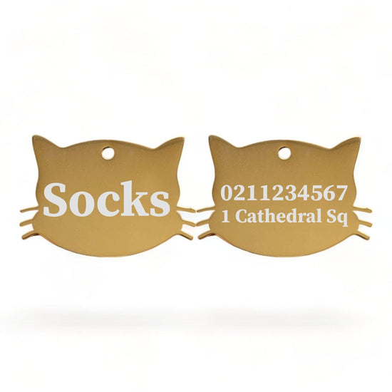 ⭐️Purr. Meow. Woof.⭐️ - Name Front & 1 Number Address Back Cat Whiskers | Mirror Stainless | Cat ID Pet Tag - Gold