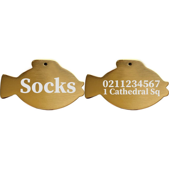 ⭐️Purr. Meow. Woof.⭐️ - Name Front & 1 Number Address Back Fish | Mirror Stainless | Cat & Dog ID Pet Tag - Gold