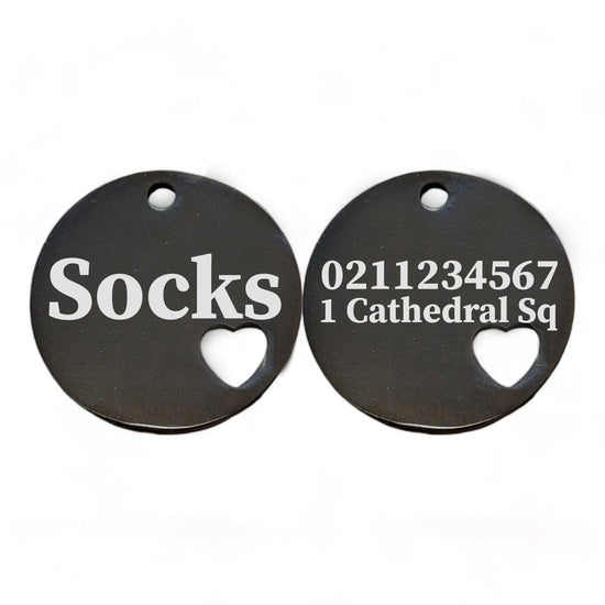 ⭐️Purr. Meow. Woof.⭐️ - Name Front & 1 Number Address Back Round Heart | Mirror Stainless | Cat & Dog ID Pet Tag - Black / Small (Cat)
