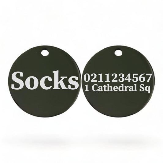 ⭐️Purr. Meow. Woof.⭐️ - Name Front & 1 Number Address Back Round | Mirror Stainless | Cat ID Pet Tag - Black