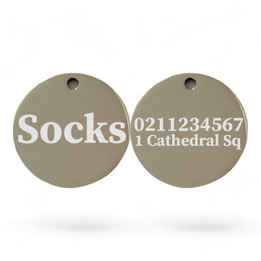 ⭐️Purr. Meow. Woof.⭐️ - Name Front & 1 Number Address Back Round | Mirror Stainless | Cat ID Pet Tag - Silver