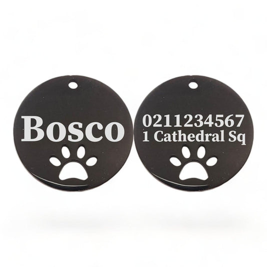 ⭐️Purr. Meow. Woof.⭐️ - Name Front & 1 Number Address Back Round Paw Print | Mirror Stainless | Cat & Dog ID Pet Tag - Black / Large (Dog)