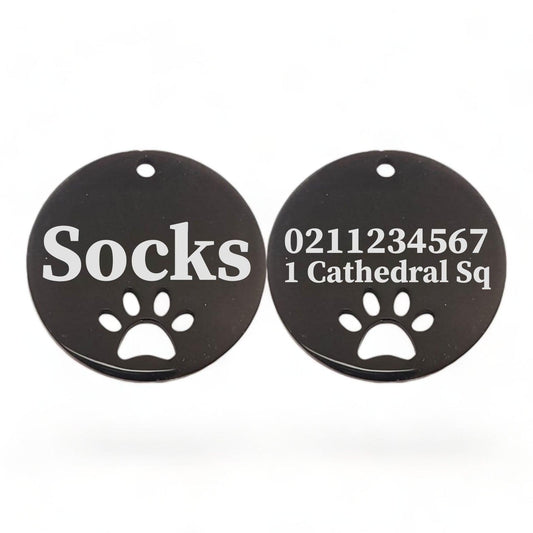 ⭐️Purr. Meow. Woof.⭐️ - Name Front & 1 Number Address Back Round Paw Print | Mirror Stainless | Cat & Dog ID Pet Tag - Black / Small (Cat)