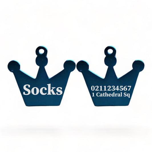 ⭐️Purr. Meow. Woof.⭐️ - Name Front & 1 Number Address Back Royal Crown | Mirror Stainless | Cat & Dog ID Pet Tag - MidnightBlue