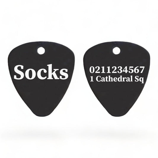 ⭐️Purr. Meow. Woof.⭐️ - Name Front & 1 Number & Address Back Guitar Pick Cat, Kitten & Dog ID Pet Tag - Black