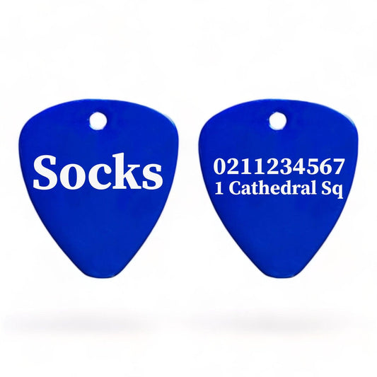 ⭐️Purr. Meow. Woof.⭐️ - Name Front & 1 Number & Address Back Guitar Pick Cat, Kitten & Dog ID Pet Tag - RoyalBlue