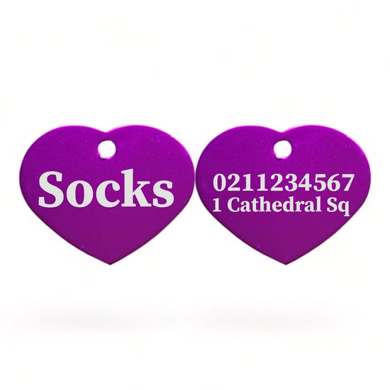 ⭐️Purr. Meow. Woof.⭐️ - Name Front & 1 Number & Address Back | Heart Aluminum | Cat, Kitten & Dog ID Pet Tag - Purple