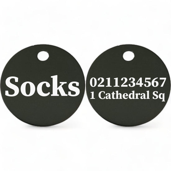 ⭐️Purr. Meow. Woof.⭐️ - Name Front & 1 Number & Address Back | Round Aluminium | Cat, Kitten & Dog ID Pet Tag - Black / Cat (Small)