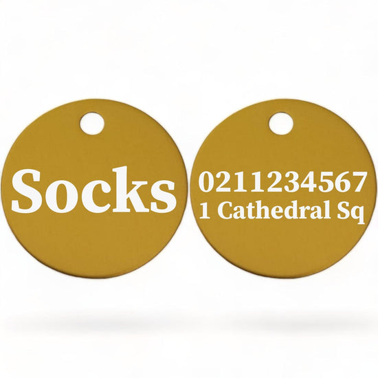 ⭐️Purr. Meow. Woof.⭐️ - Name Front & 1 Number & Address Back | Round Aluminium | Cat, Kitten & Dog ID Pet Tag - Gold / Cat (Small)