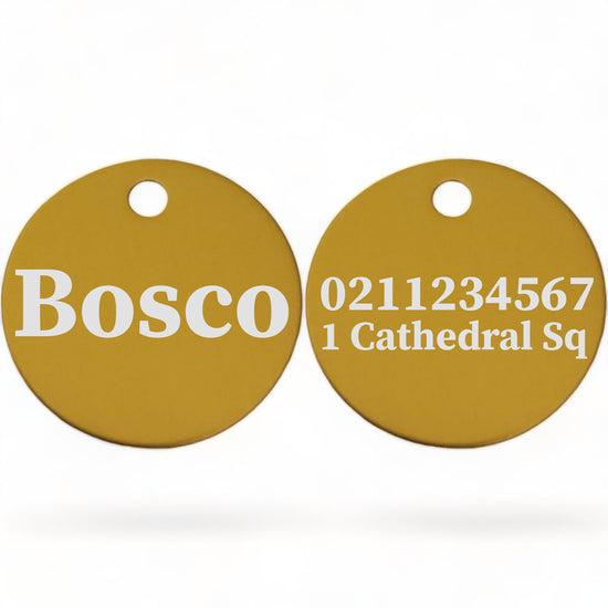 ⭐️Purr. Meow. Woof.⭐️ - Name Front & 1 Number & Address Back | Round Aluminium | Cat, Kitten & Dog ID Pet Tag - Gold / Dog (Large)