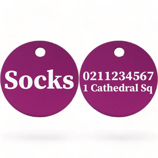 ⭐️Purr. Meow. Woof.⭐️ - Name Front & 1 Number & Address Back | Round Aluminium | Cat, Kitten & Dog ID Pet Tag - Purple / Cat (Small)