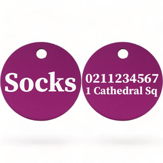 ⭐️Purr. Meow. Woof.⭐️ - Name Front & 1 Number & Address Back | Round Aluminium | Cat, Kitten & Dog ID Pet Tag - Purple / Cat (Small)