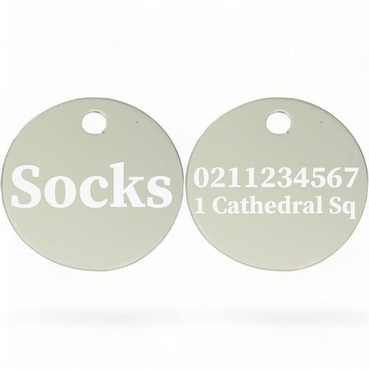 ⭐️Purr. Meow. Woof.⭐️ - Name Front & 1 Number & Address Back | Round Aluminium | Cat, Kitten & Dog ID Pet Tag - Silver / Cat (Small)