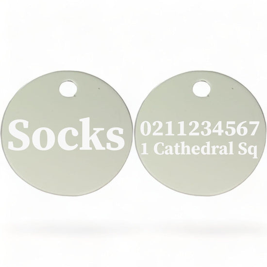 ⭐️Purr. Meow. Woof.⭐️ - Name Front & 1 Number & Address Back | Round Aluminium | Cat, Kitten & Dog ID Pet Tag - Silver / Cat (Small)