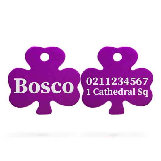 ⭐️Purr. Meow. Woof.⭐️ - Name Front & 1 Number & Address Back | Shamrock Aluminum | Cat, Kitten & Dog ID Pet Tag - Purple