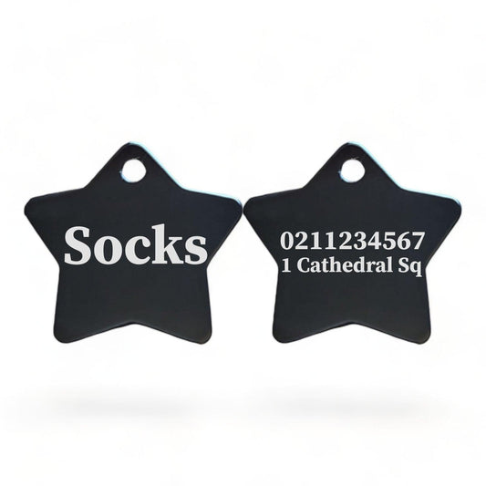 ⭐️Purr. Meow. Woof.⭐️ - Name Front & 1 Number & Address Back | Star Aluminum | Cat, Kitten & Dog ID Pet Tag - Black / Small (Cat)