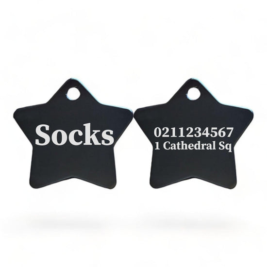 ⭐️Purr. Meow. Woof.⭐️ - Name Front & 1 Number & Address Back | Star Aluminum | Cat, Kitten & Dog ID Pet Tag - Black / Small (Cat)