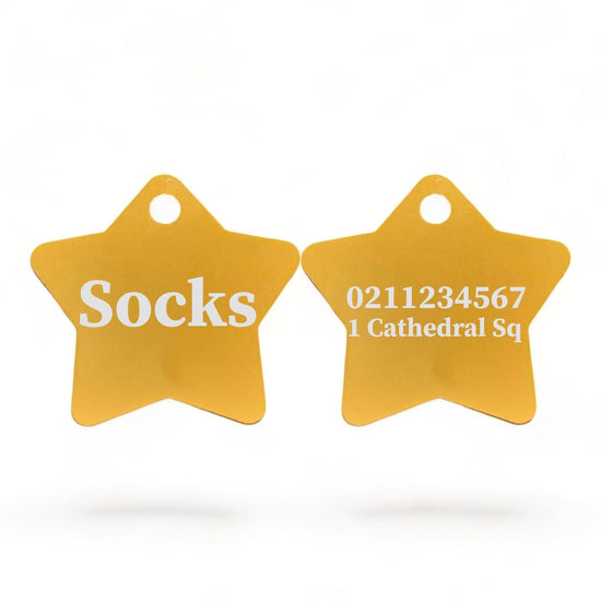 ⭐️Purr. Meow. Woof.⭐️ - Name Front & 1 Number & Address Back | Star Aluminum | Cat, Kitten & Dog ID Pet Tag - Gold / Small (Cat)