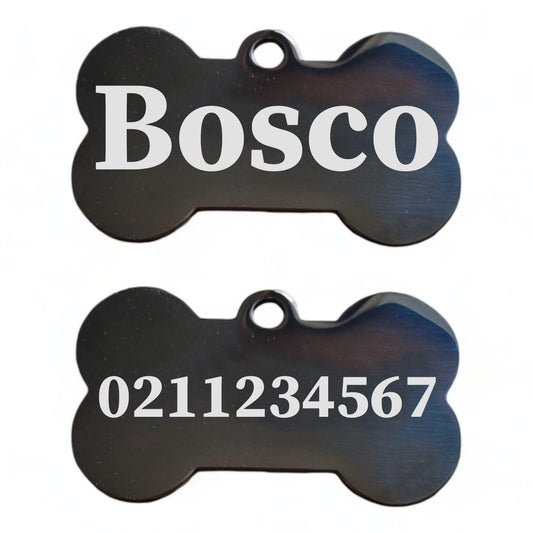 ⭐️Purr. Meow. Woof.⭐️ - Name Front & 1 Number Back | Mirror Stainless | Bone Dog ID Pet Tag - Black / Small