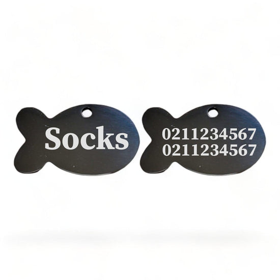 ⭐️Purr. Meow. Woof.⭐️ - Name Front & 2 Numbers Back Baby Fish | Mirror Stainless | Cat ID Pet Tag - Black