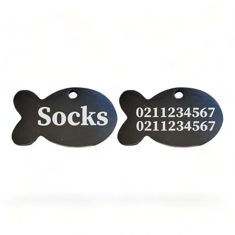 ⭐️Purr. Meow. Woof.⭐️ - Name Front & 2 Numbers Back Baby Fish | Mirror Stainless | Cat ID Pet Tag - Black