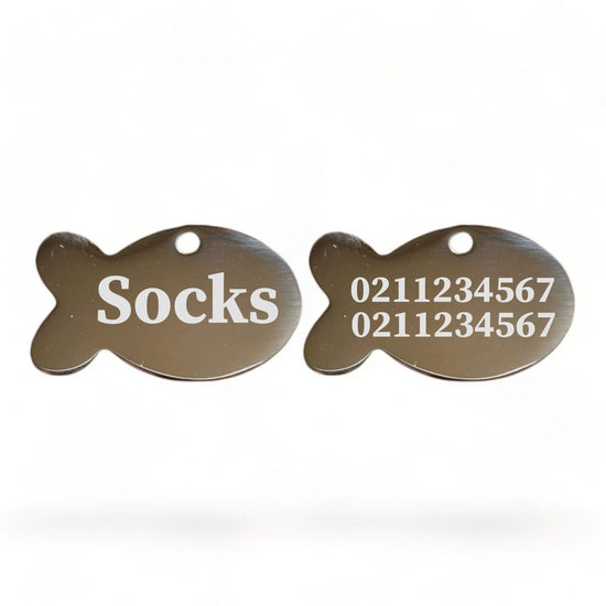 ⭐️Purr. Meow. Woof.⭐️ - Name Front & 2 Numbers Back Baby Fish | Mirror Stainless | Cat ID Pet Tag - Silver