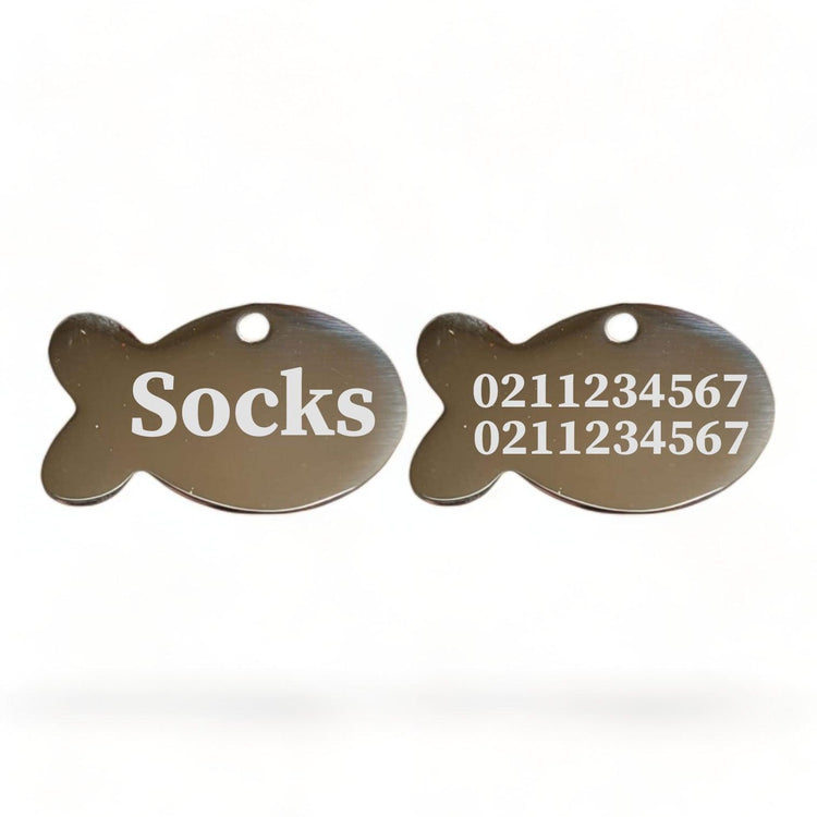⭐️Purr. Meow. Woof.⭐️ - Name Front & 2 Numbers Back Baby Fish | Mirror Stainless | Cat ID Pet Tag - Silver