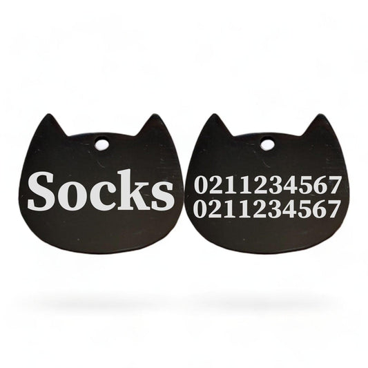 ⭐️Purr. Meow. Woof.⭐️ - Name Front & 2 Numbers Back Bat Cat | Mirror Stainless | Cat ID Pet Tag - Black