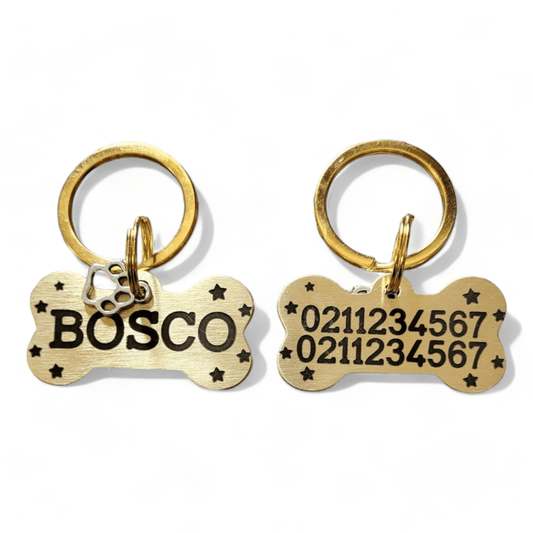 ⭐️Purr. Meow. Woof.⭐️ - Name Front & 2 Numbers Back Bespoke Brass Bone Dog ID Pet Tag - Default Title