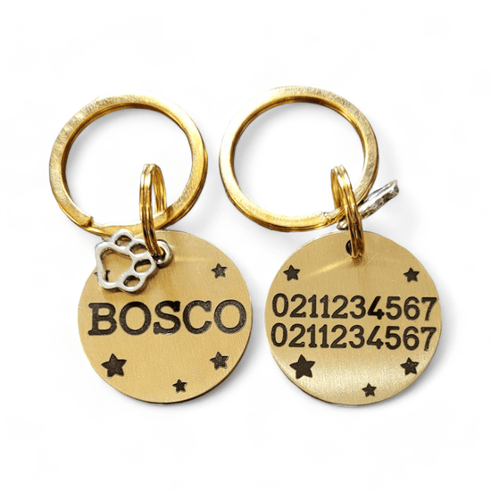 ⭐️Purr. Meow. Woof.⭐️ - Name Front & 2 Numbers Back Bespoke Brass Cat & Dog ID Pet Tag - Large (Dog)