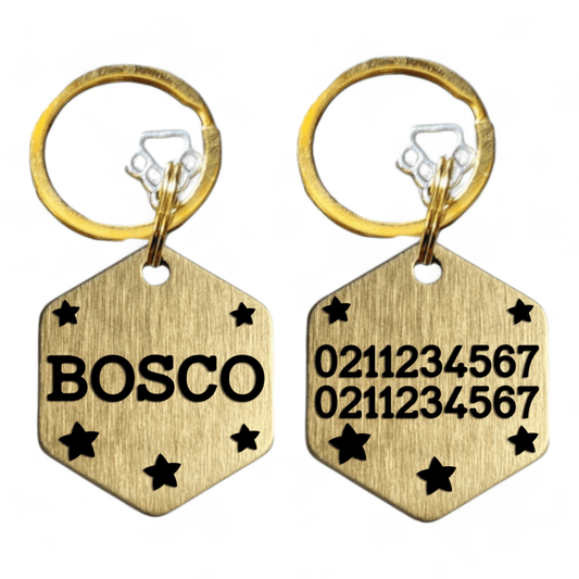 ⭐️Purr. Meow. Woof.⭐️ - Name Front & 2 Numbers Back Bespoke Brass Hexagon Cat & Dog ID Pet Tag - Large (Dog)