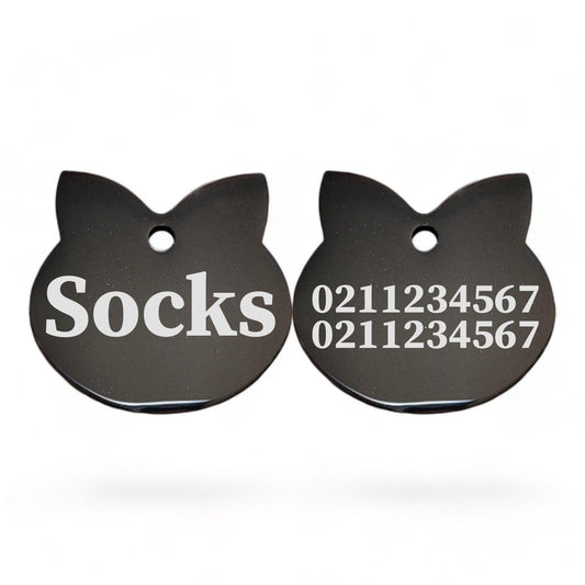 ⭐️Purr. Meow. Woof.⭐️ - Name Front & 2 Numbers Back Cat Ears | Mirror Stainless | Cat ID Pet Tag - Black